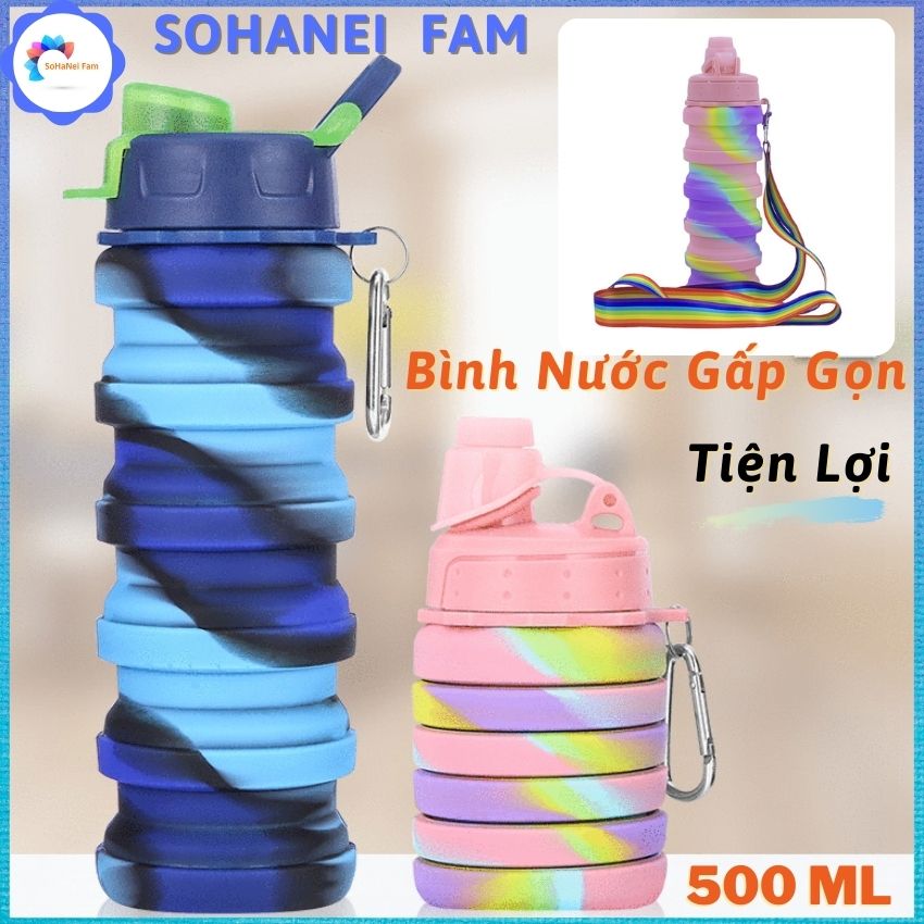 [HCM]Bình Nước Chai Nước Silicone 500ML Có Thể Gấp Gọn Tiện Dụng Màu Sắc Siêu Xinh - SOHANEI FAM - Thích Hợp Đi Bộ Thể Thao Ngoài Trời Dã Ngoại Đi Học Đi Chơi...