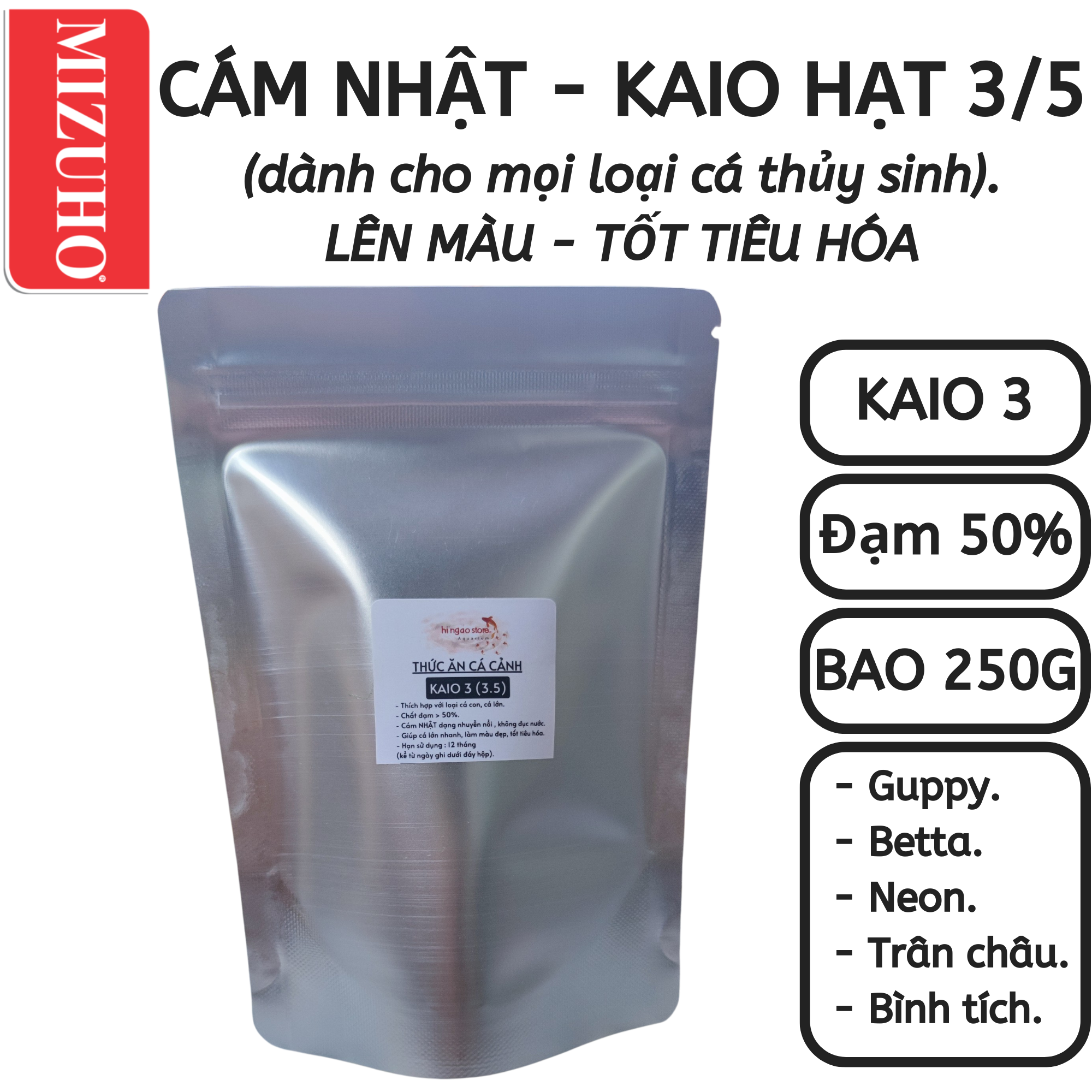 Bao 250g cám kaio 3 hạt 3/5 - 3.5 - thức ăn cám cá 7 màu, cá betta, mún, bình tích, trân châu nhật bản giúp cá lớn nhanh, lên màu đẹp | hingaostore.