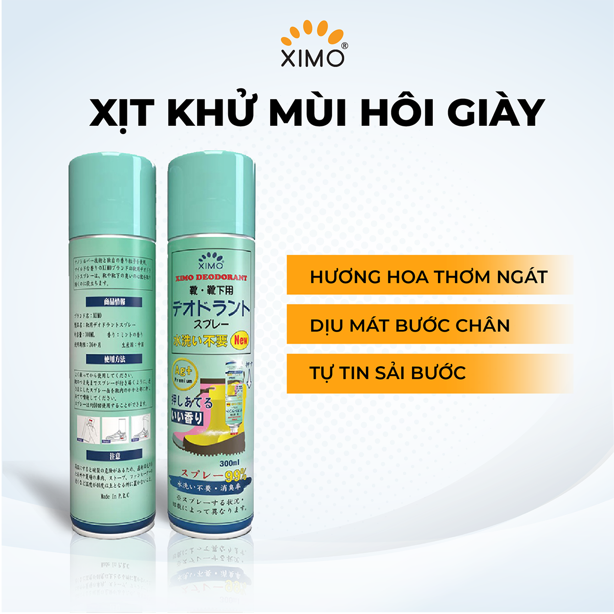 Chai xịt khử mùi giày, Xịt thơm giày thơm chân, nghệ Bạc ion kháng khuẩn XIMO 300ml VSG08