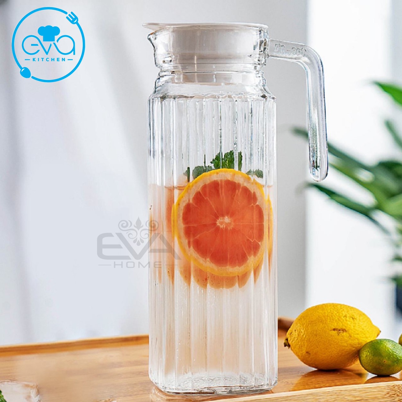 Bình thuỷ tinh đựng nước 1.1l quai cầm miệng rót kẻ sọc eh1004 glass pitcher striped jug 1100 ml