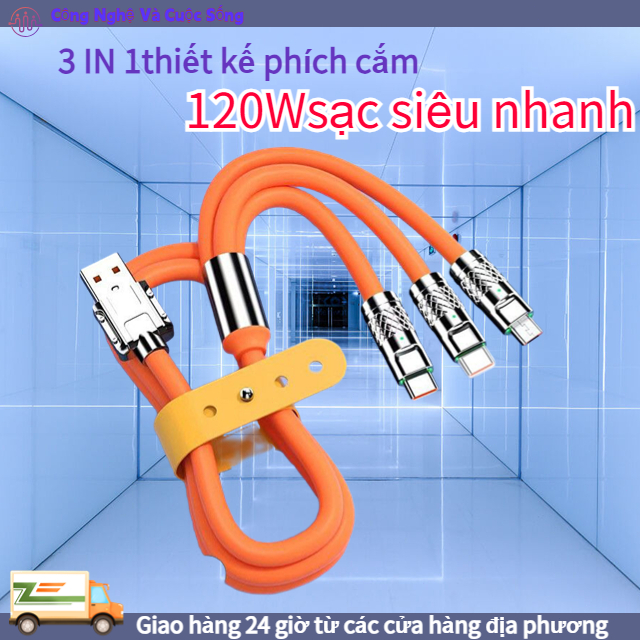 Dây Cáp Sạc Nhanh 3 Đầu  120W 6A Micro USB Type C Xoay 180 Độ Tiện Dụng