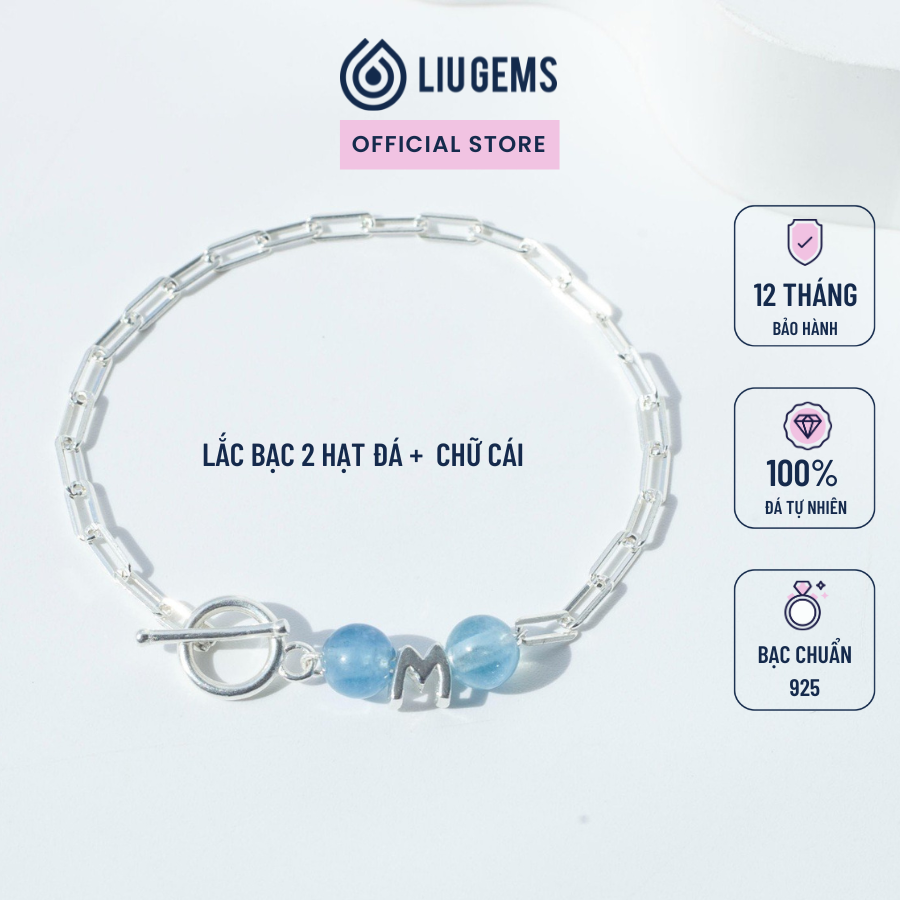 Lắc tay bạc 2 viên đá mix chữ cái liugems dây xích cá tính, độc đáo, thời trang vb22