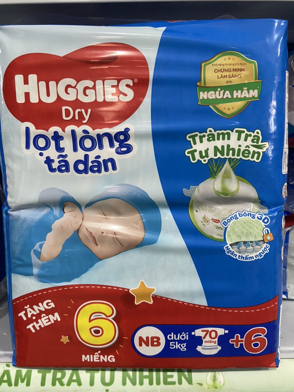 Tặng thêm 6 miếng - tã dán sơ sinh huggies nb70 hương tràm trà - gói 74 miếng - hsd luôn mới