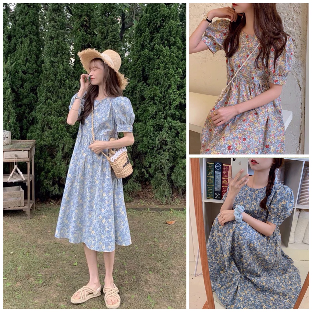 Váy babydoll hoa nhí tay bồng chất thô siêu xinh