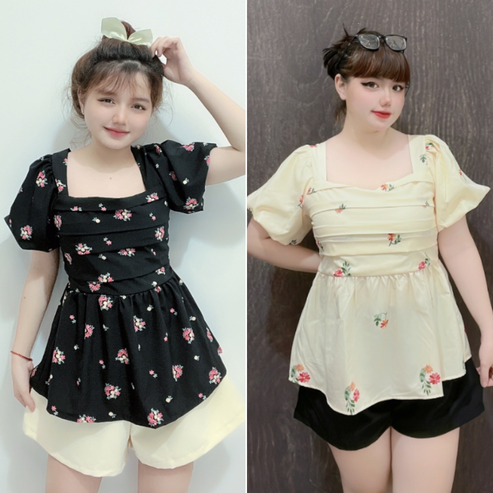 Set bộ đùi bigsize áo cổ vuông chất lụa hoa phối quần cotton lạnh 50-95kg