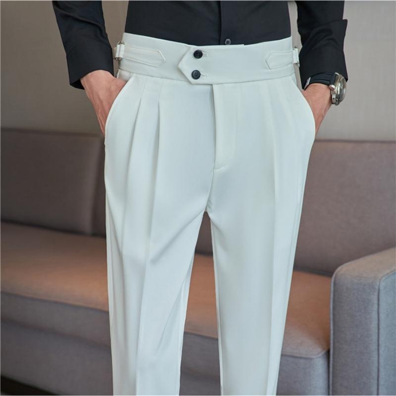 Quần Tây Cạp Cao Nam Màu Trắng Ống Lửng Phối Side Tabs Trẻ Trung Chất Vải Cao Cấp Co Giãn Nhẹ Không Xù Lông