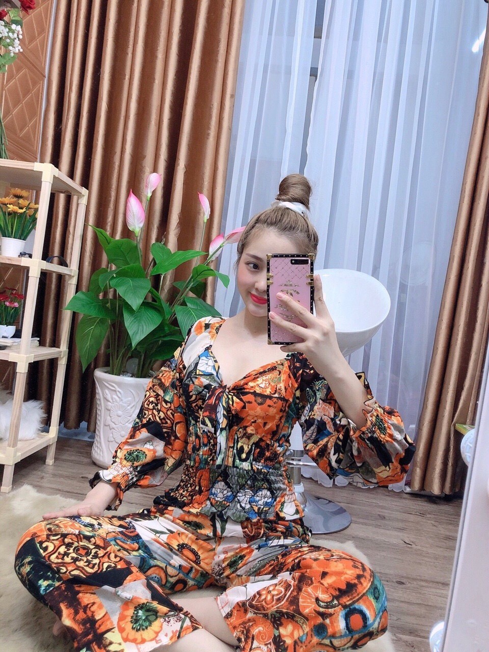 [HCM]Set bộ nữ thổ cẩm quần dài ống rộng áo tay dài nơ cổ bo eo #setbothocamtaydainoco