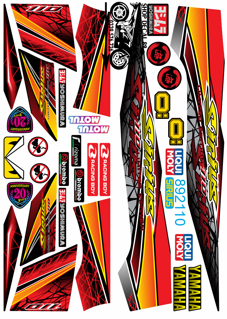 Tem chế Sirius Đỏ Đồng Vàng Cam MS 892110 - Tem rời 3 lớp cao cấp - Dán xe sirius xăng cơ