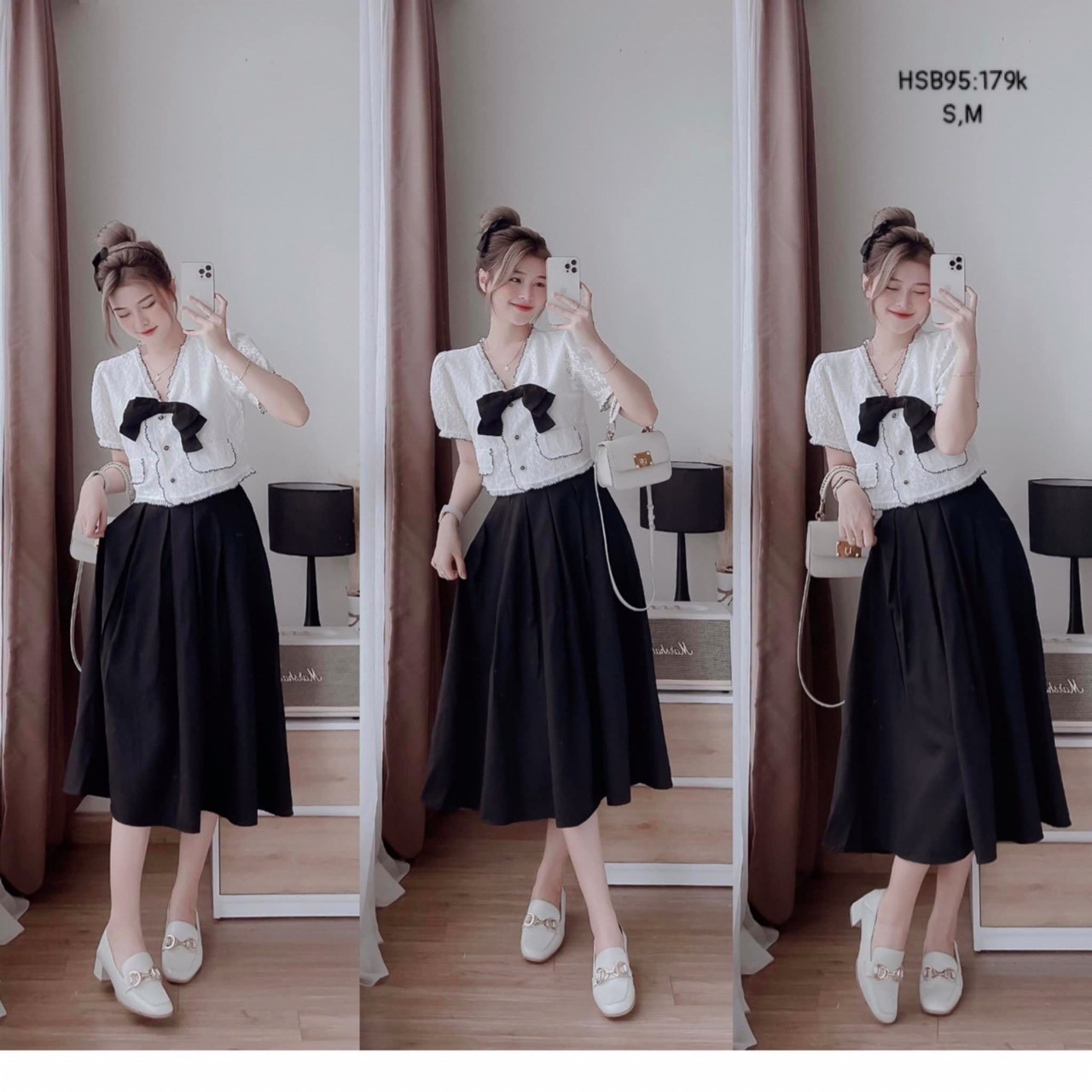 Set cv dài áo croptop cổ v viền ren phối nơ chibest 𝐇𝐒𝐁𝟗𝟓