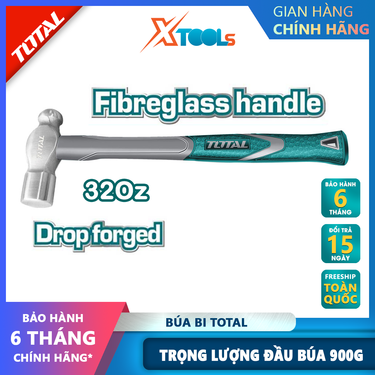 Búa đầu tròn Total THT74326 | búa cầm tay mini Quy cách: 32oz Trọng lượng đầu búa: 900g, dùng để đóng, tán đinh trên mọi bề mặt chất liệu