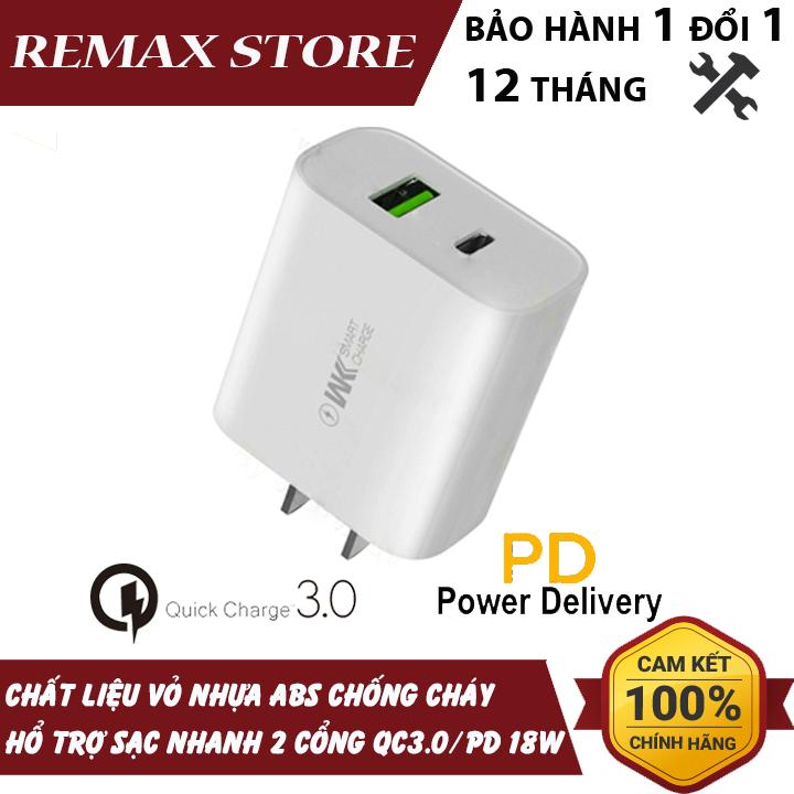 Cóc sạc nhanh cho iphone remax wp-u72 2 cổng usb qc3.0+pd max 18w