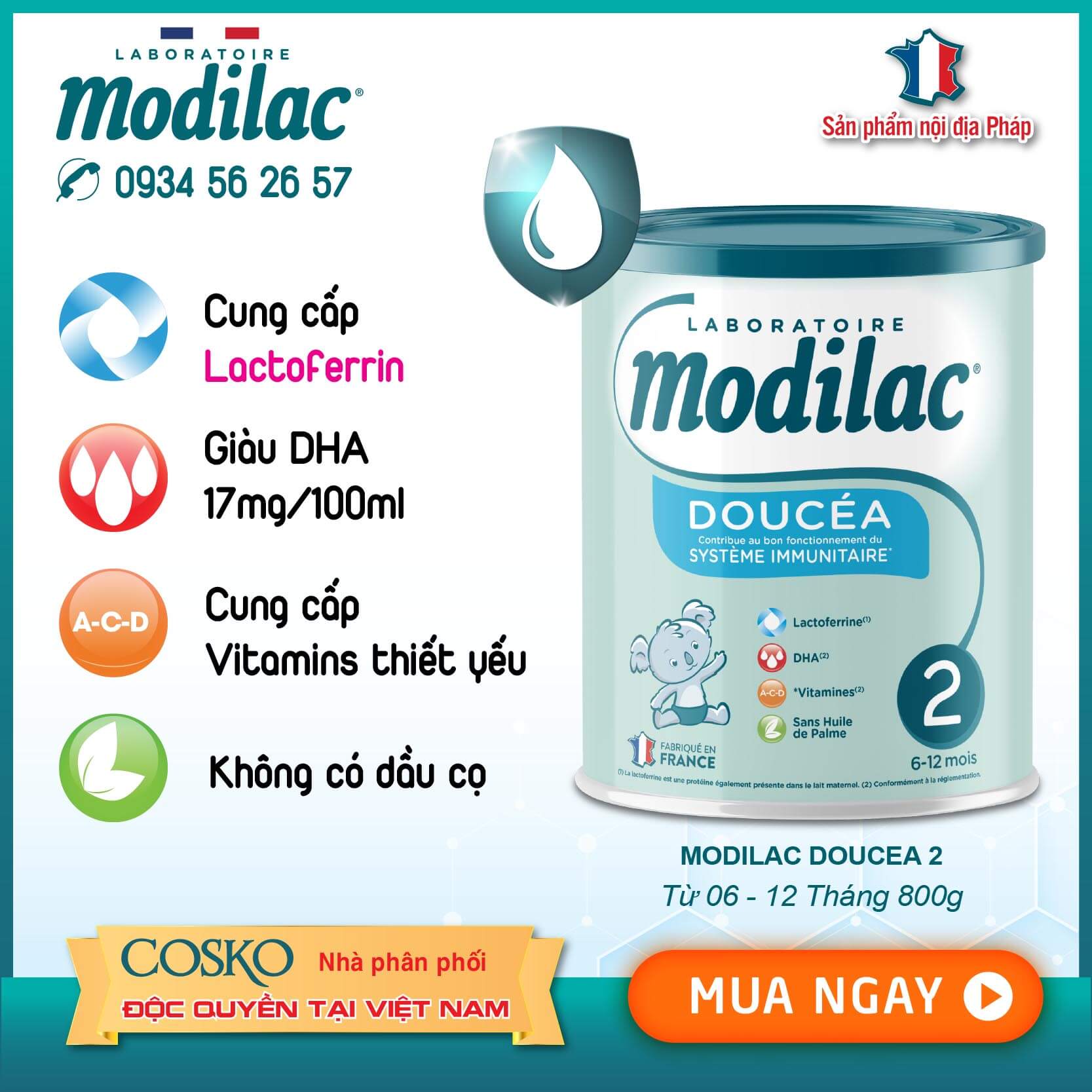 Thùng 6 Hộp Sữa Modilac DOUCEA 2 /800g Sữa tăng cường phát triển toàn diện cho bé ( sữa công thức nội địa pháp date 2024 )