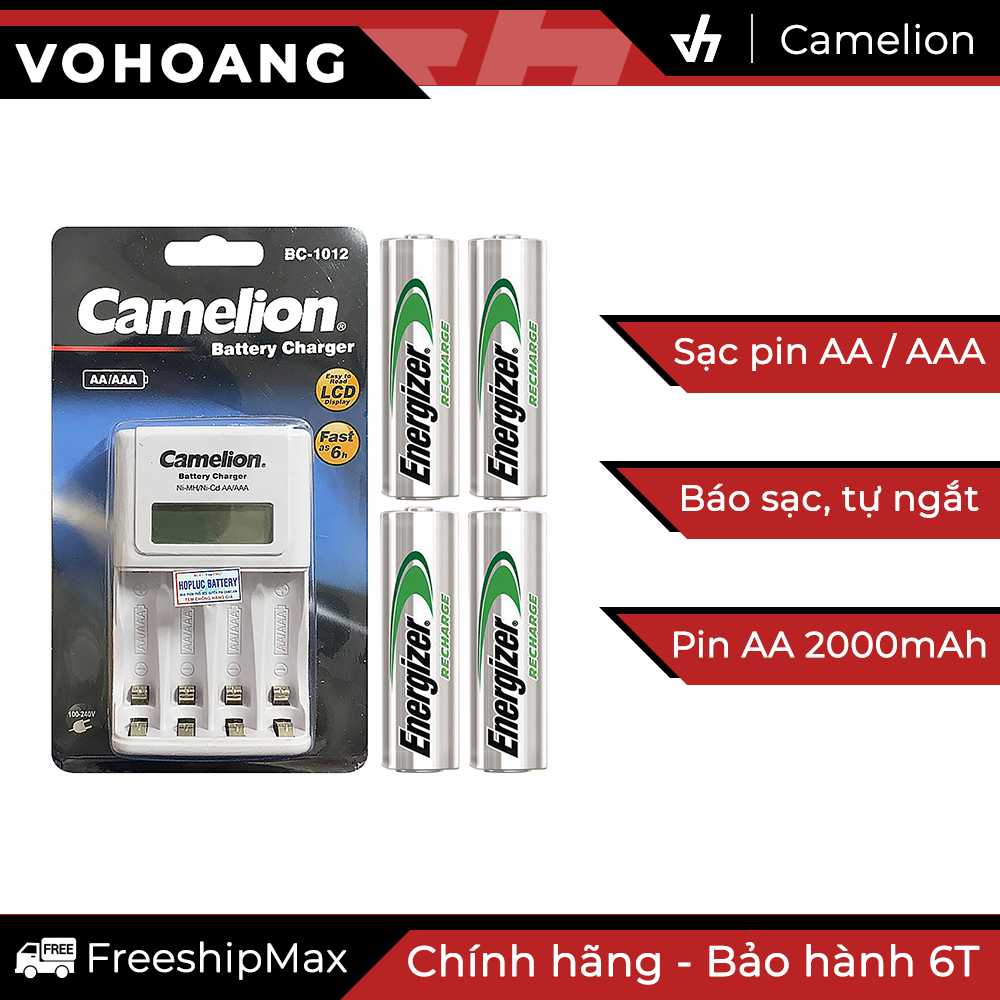 Bộ sạc Camelion 1012 kèm 4 pin AA Energizer 2000mAh TRAY tự ngắt sạc