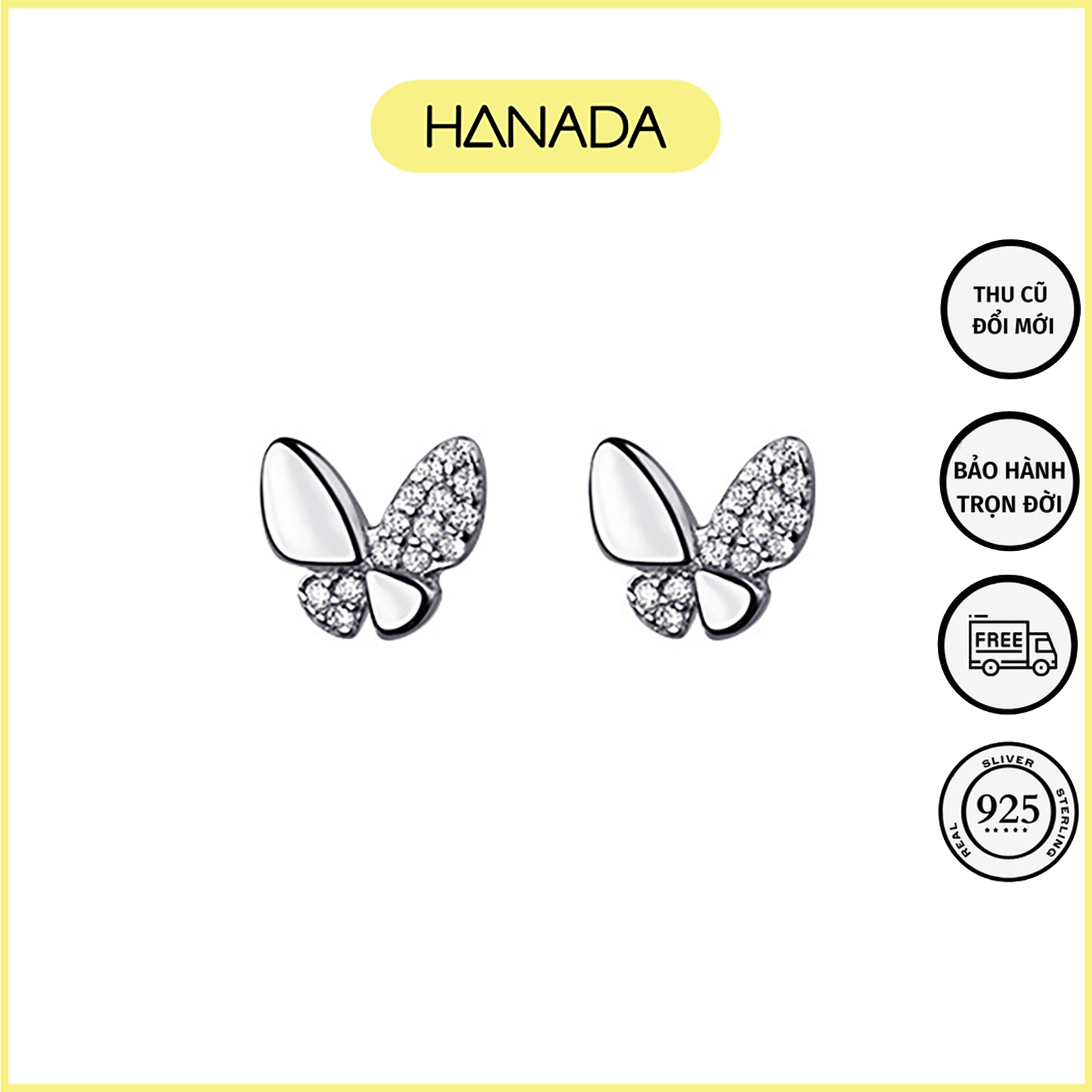 Bông tai bạc hanada bông tai bướm 1/2 đá 1053