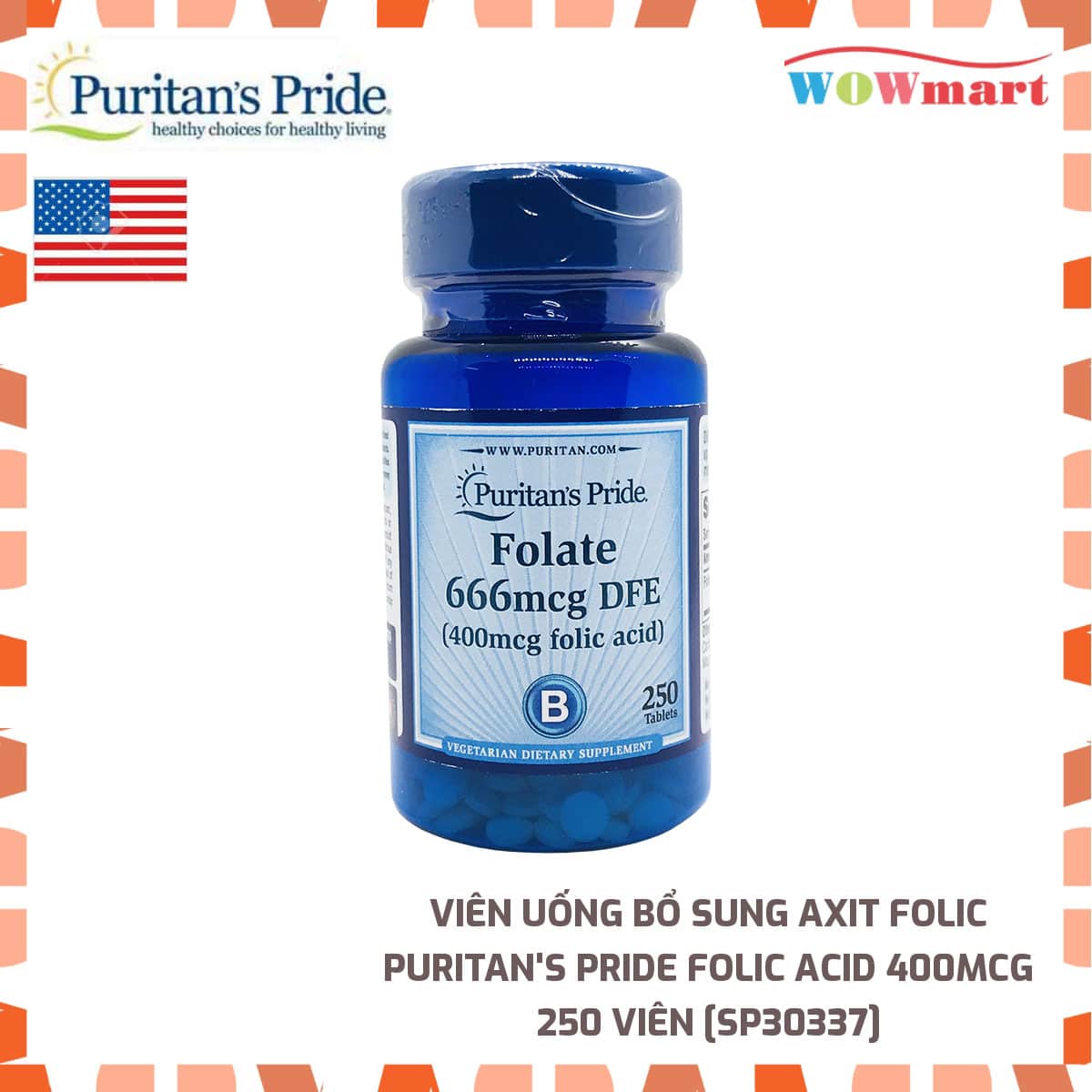 [HCM]Viên uống bổ sung Axit Folic Puritans Pride Folic Acid 400mcg 250 viên - [MỸ]