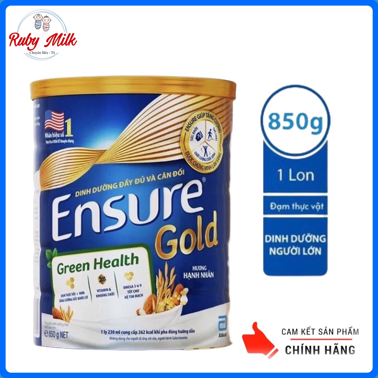 [Date 8/2026] Sữa Ensure Hạnh Nhân Gold Green Health Đạm Thực Vật Lon 800g