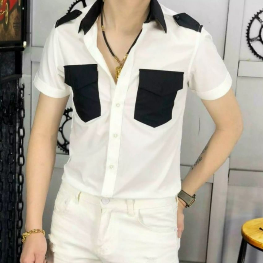 Áo sơ mi nam ngắn tay mẫu thủy thủ phối màu đen trắng