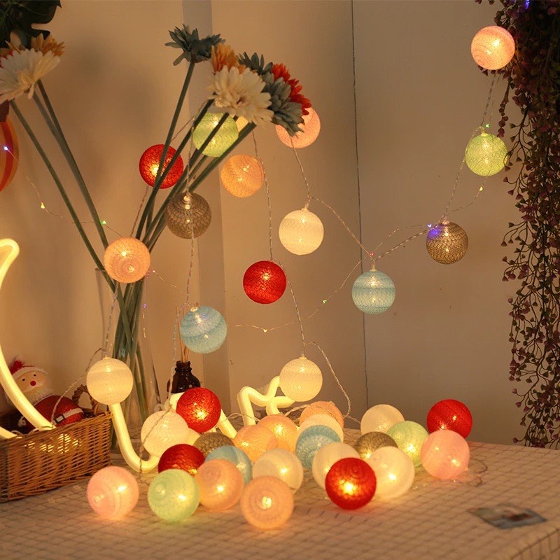 Dài 2 mét 20 bóng đèn cầu mây đèn led bóng tròn cotton ball trang trí tiệc decor cắm trại đẹp rẻ