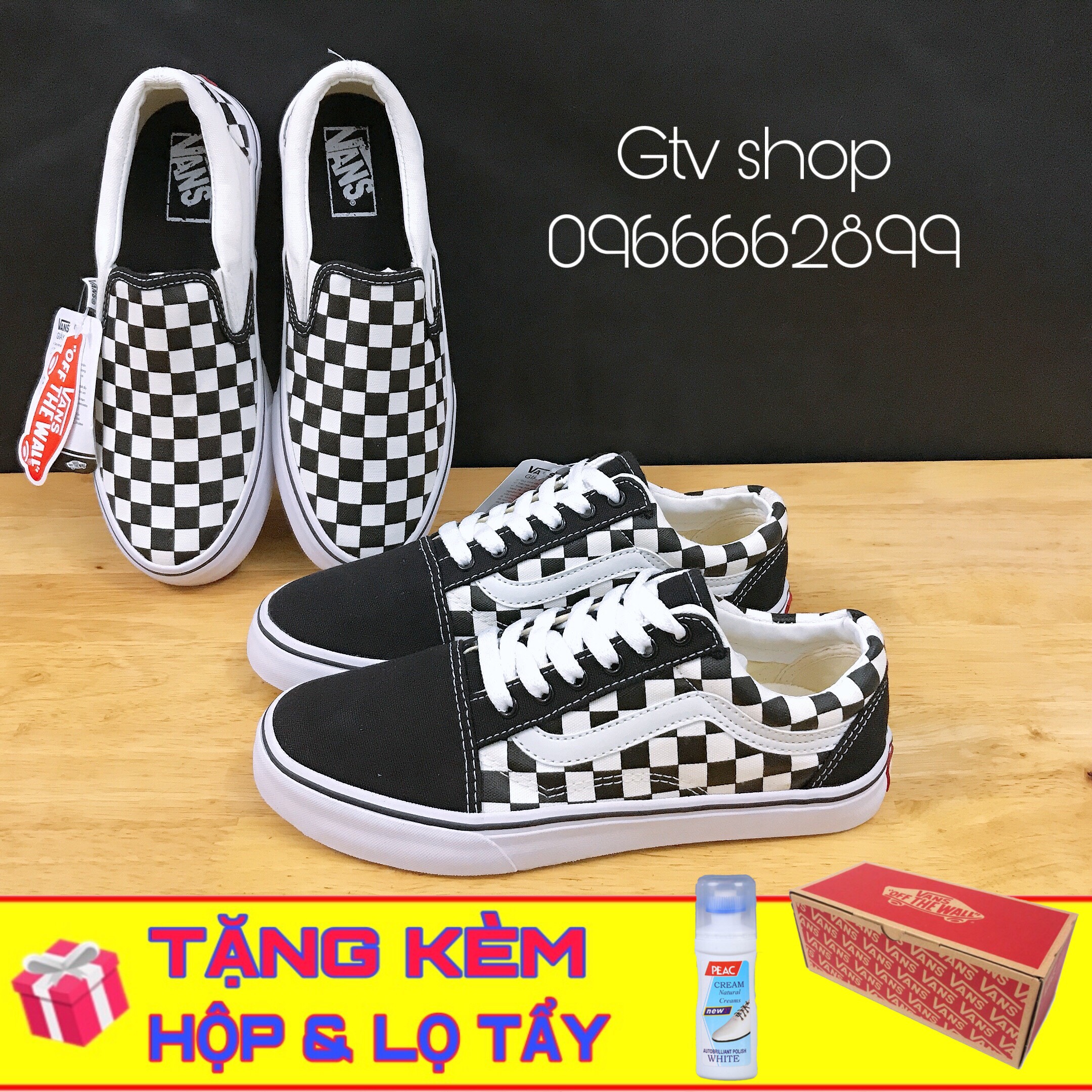 Tặng hộp, bill và Lọ vệ sinh giày - Giày thể thao nam nữ vans caro, size 36-43.