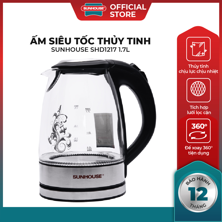 Ấm siêu tốc thủy tinh SUNHOUSE SHD1217 1.7L (Đen)