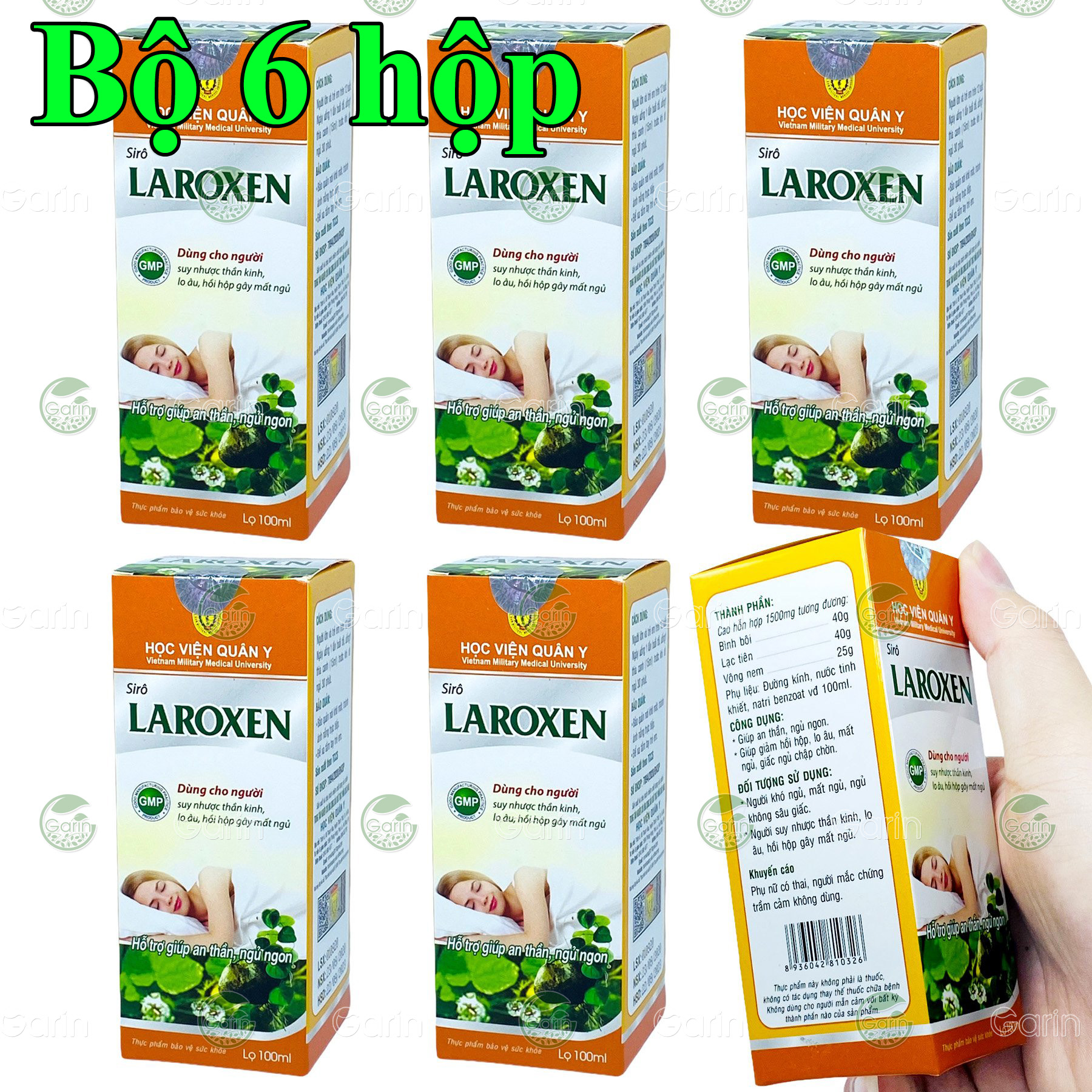 Bộ 6 hộp Siro thảo dược Laroxen Học Viện Quân Y (100ml x 6) giúp ngủ ngon và sâu giấc hơn giảm hồi hộp lo âu