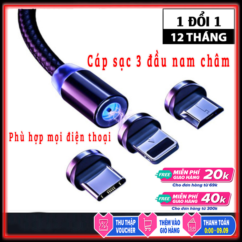 [HCM]Cáp sạc từ dây dù 3 đầu hít nam châm đa năng 3 in 1-1 dây kèm 3 đầu sạc. dây sạc samsung iphone oppo- anything store