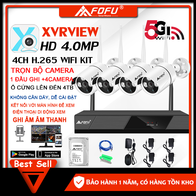 Trọn bộ đầu ghi NVR kit wifi 4 mắt camera wifi 4.0M 1080P Kèm, Không dễ bị hỏng,Giám sát từ xa,Phát hiện chuyển động, Báo động chống trộm,Ban đêm có màu,
