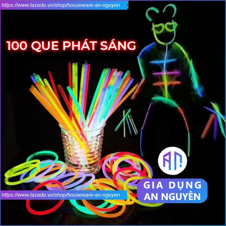 Hộp 100 que phát sáng dạ quang, vòng tay dạ quang phát sáng neon nhiều màu