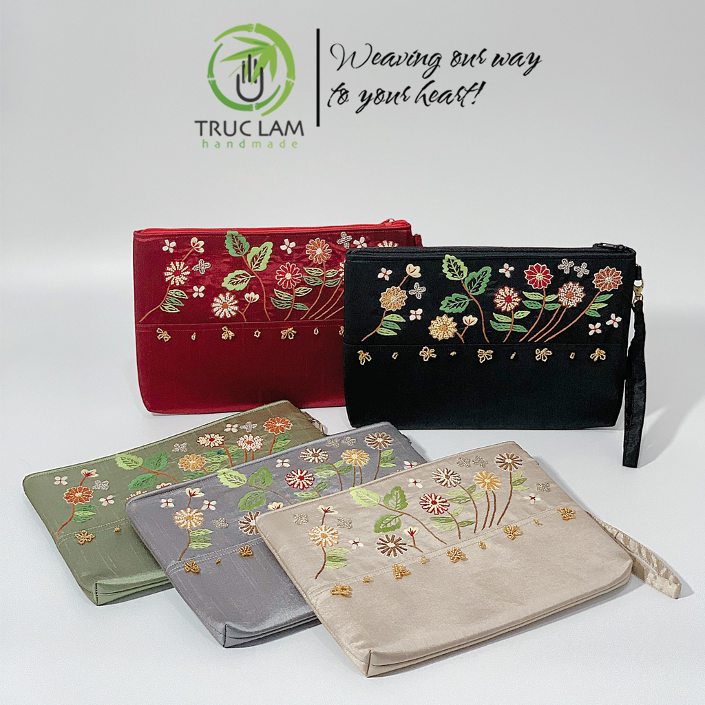 Ví Cầm Tay Đựng Máy Tính Bảng Clutch  Vải Tafta Thêu Cành Hoa Hạt Cườm Thủ Công Cỡ To - Trúc Lâm Handmade