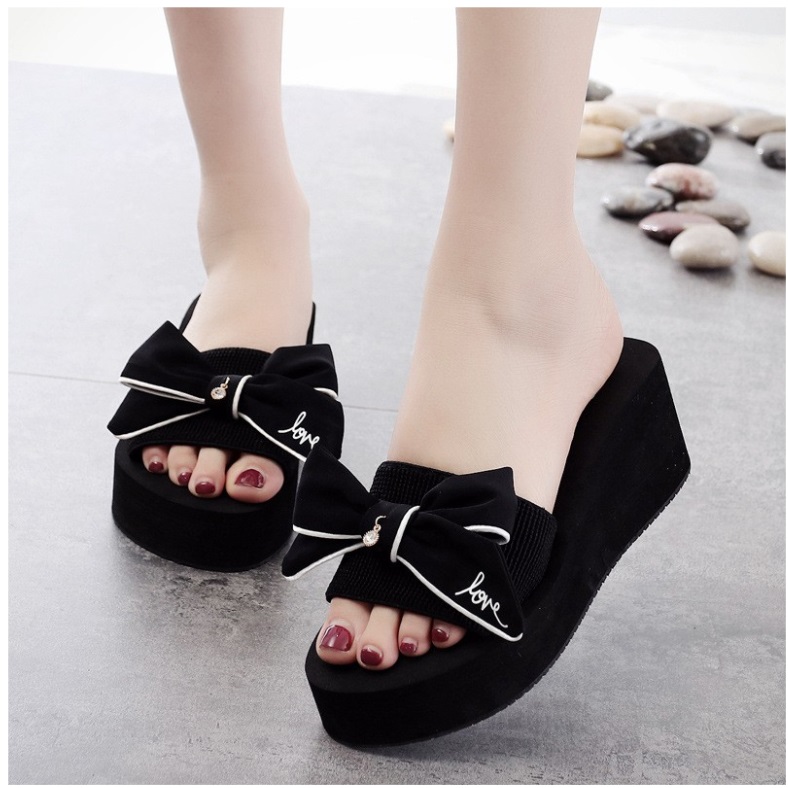 Dép Lê Đế Xuồng Nữ Quai Ngang Đính Nơ Love Đế Chống Trượt 6Cm