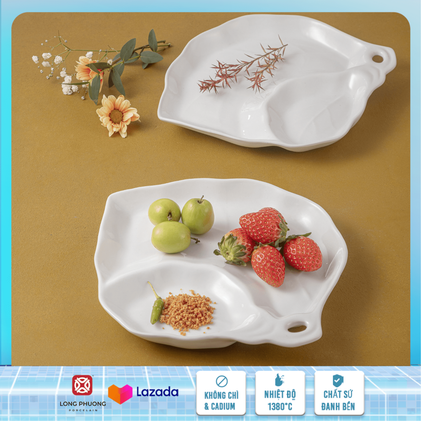 Dĩa đựng đồ ăn đẹp, Đĩa lá hai ngăn - đĩa đựng hoa quả sứ trắng, đĩa độc lạ, đĩa bày hoa quả Long Phương