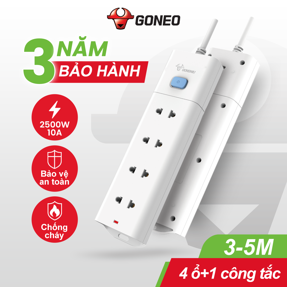 Ổ Cắm Điện Chống Cháy GONGNIU - Đa Năng 4 Ổ 1 Công Tắc - Công Suất 10A/250/2500W - V1040 - Chính Hãng