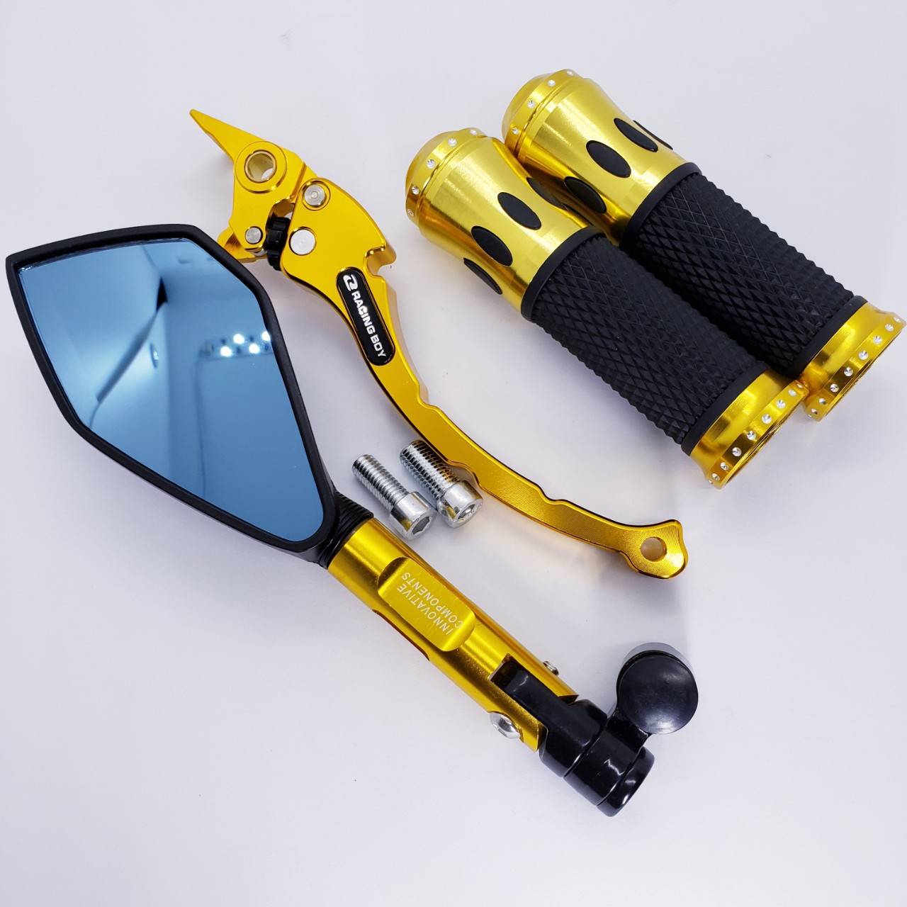 COMBO Bao tay RIZ0MA, tay thắng đĩa rcb xe máy, gương chiếu hậu RIZOMA 5 cạnh cao cấp dùng cho xe sirius, wave, dream,...,màu vàng, ONE RACING