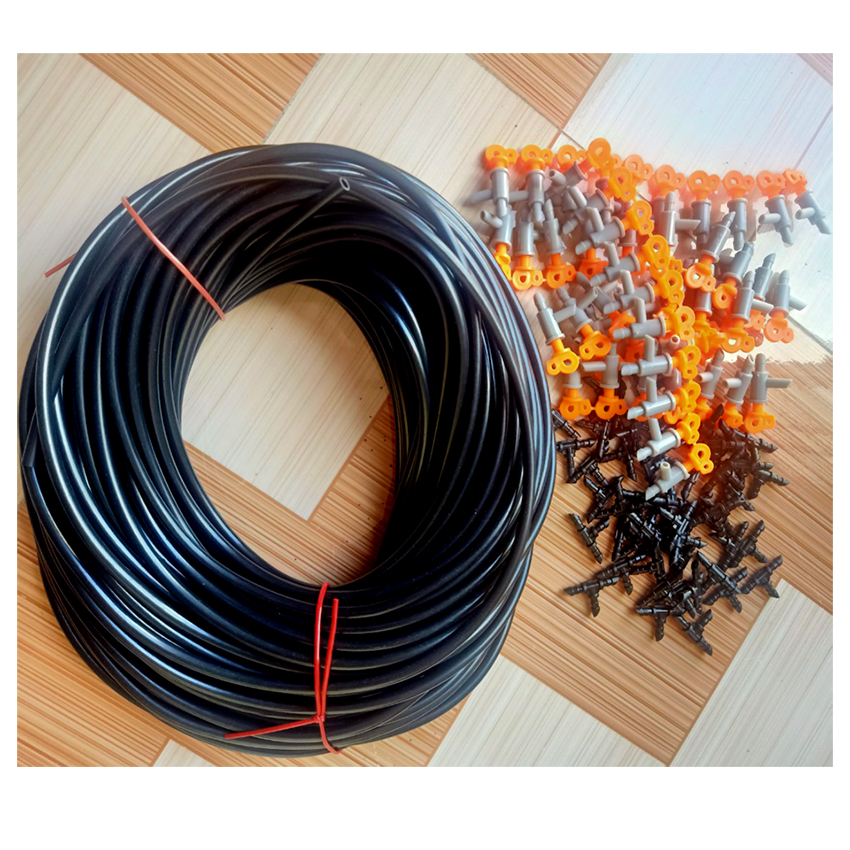 Bộ 50 mét ống nhỏ giọt pe dẻo 4 ly, 50 béc nhỏ giọt 2 chân có nút chỉnh lưu lượng, 50 chữ t 4ly