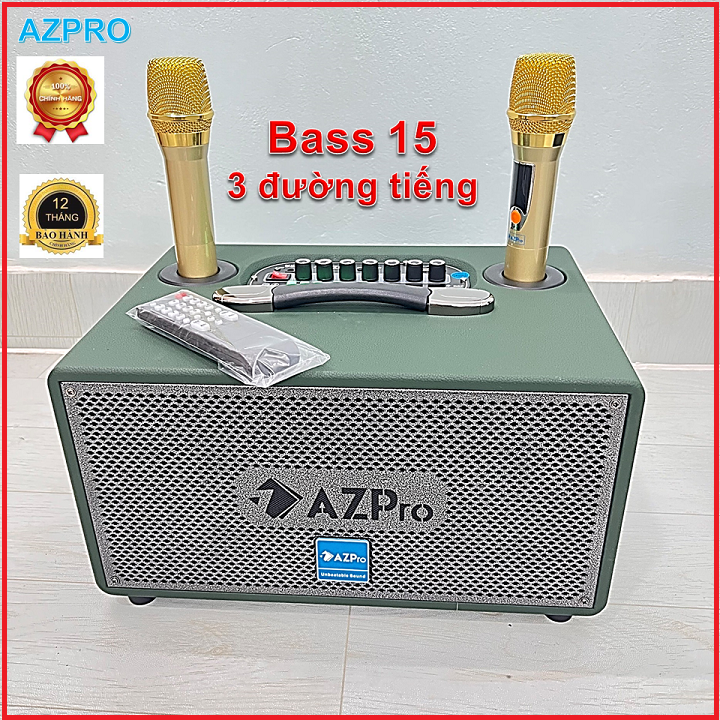 Loa Bluetooth chính hãng AZPRO,Bass 15 thùng gõ cao cấp, mẫu Vali 3 đường tiếng xách tay sang trọng,tặng 2 mic sóng UHF hát Karaoke