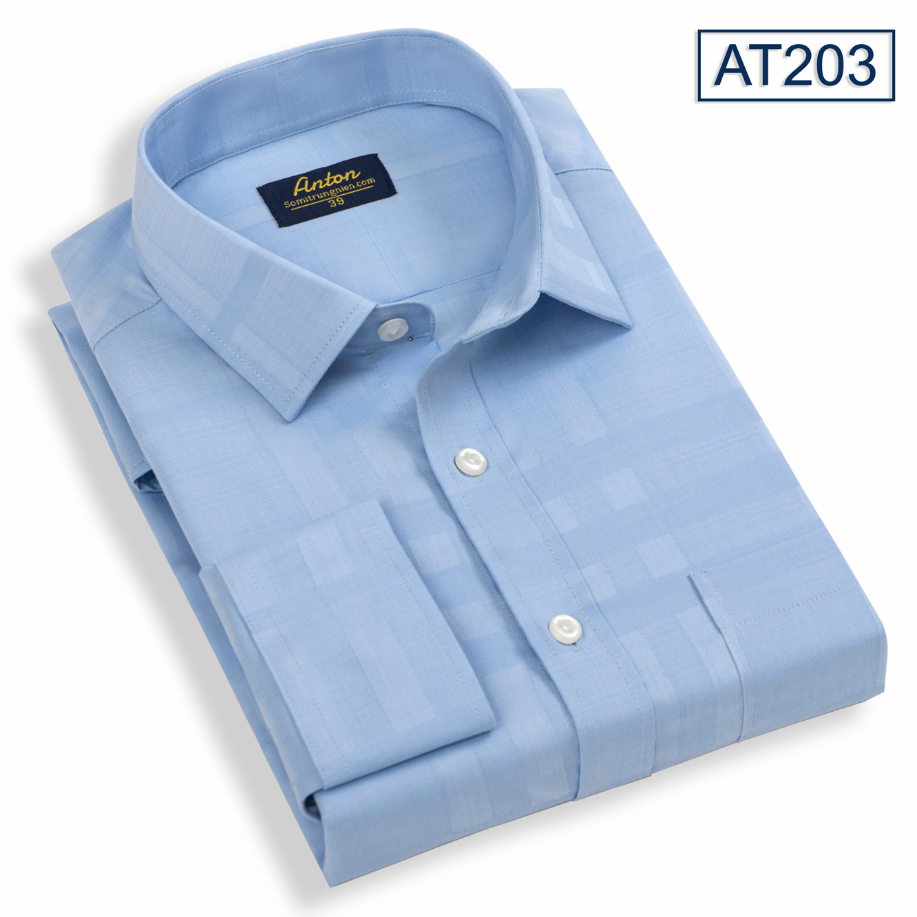 Áo sơ mi nam dài tay công sở trung niên thương hiệu Anton vải sợi tre màu xanh dương họa tiết caro chìm  – AT203