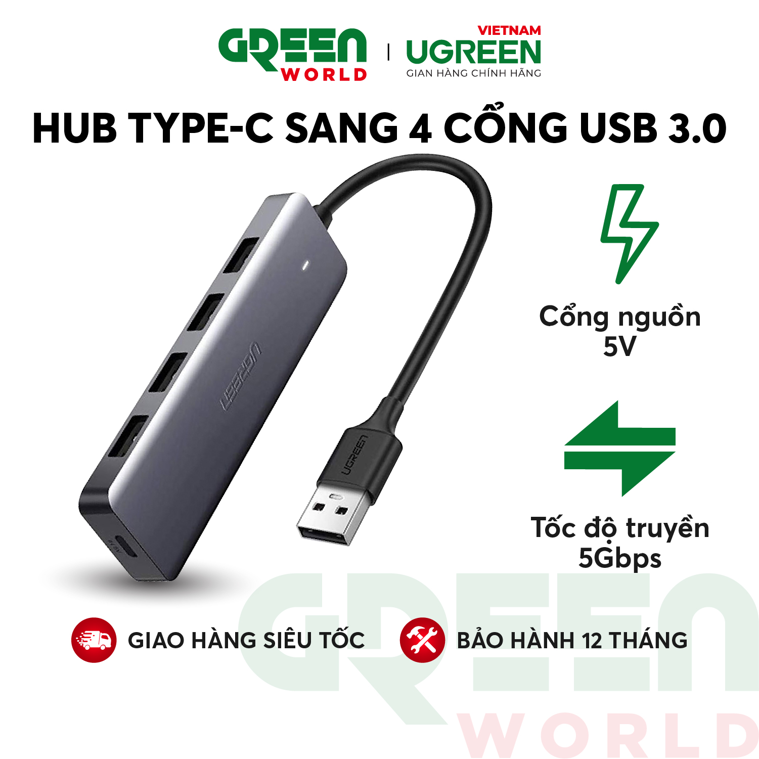 Hub USB type C sang 4 cổng USB 3.0 hỗ trợ cổng nguồn Micro USB 5V UGREEN CM219 CM136