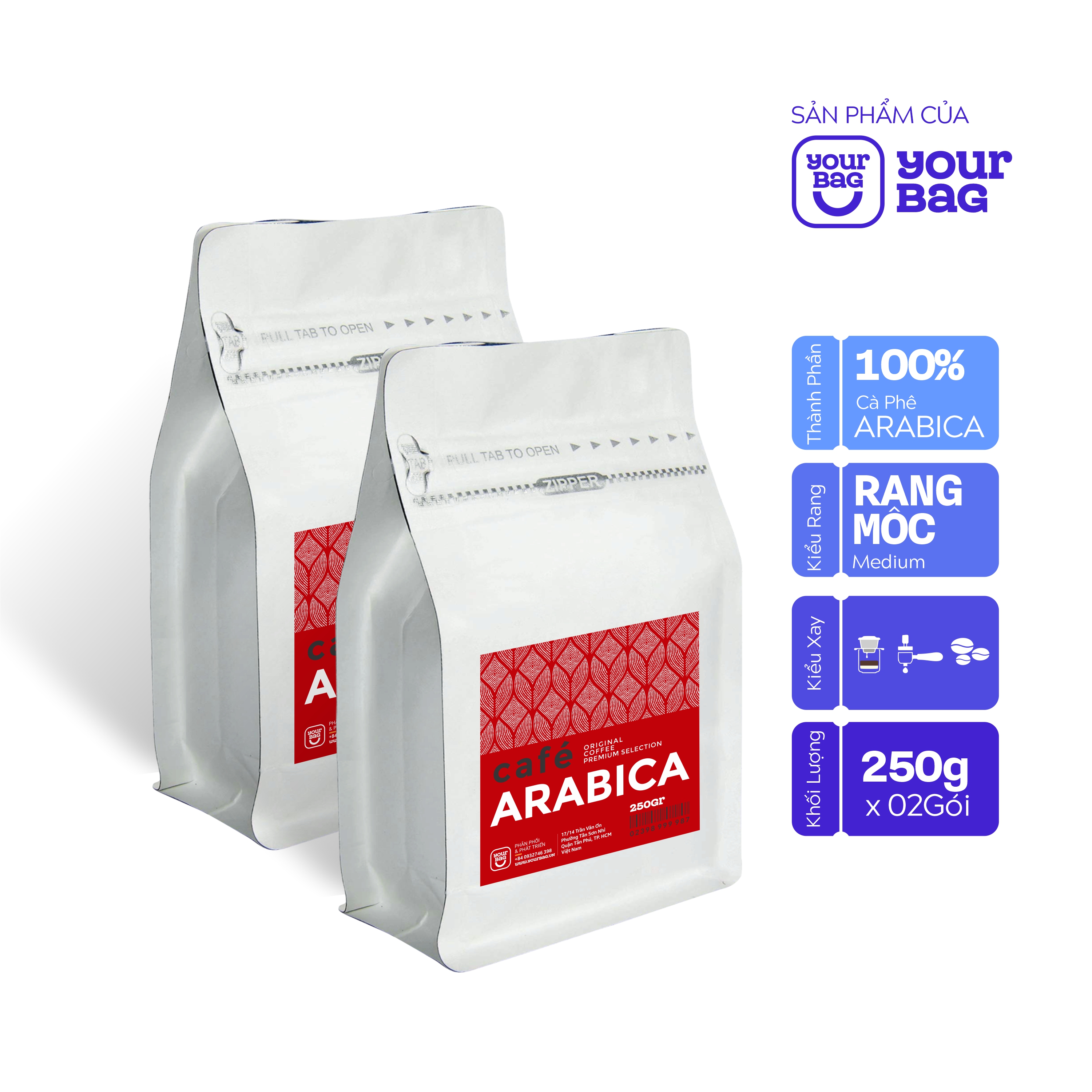 Cà Phê Arabica Cầu Đất  250g x 02 gói. Rang Xay Nguyên Chất. Vị Chua thanh quyến rũ, Gu Cafe Americano - yourbag Cà Phê
