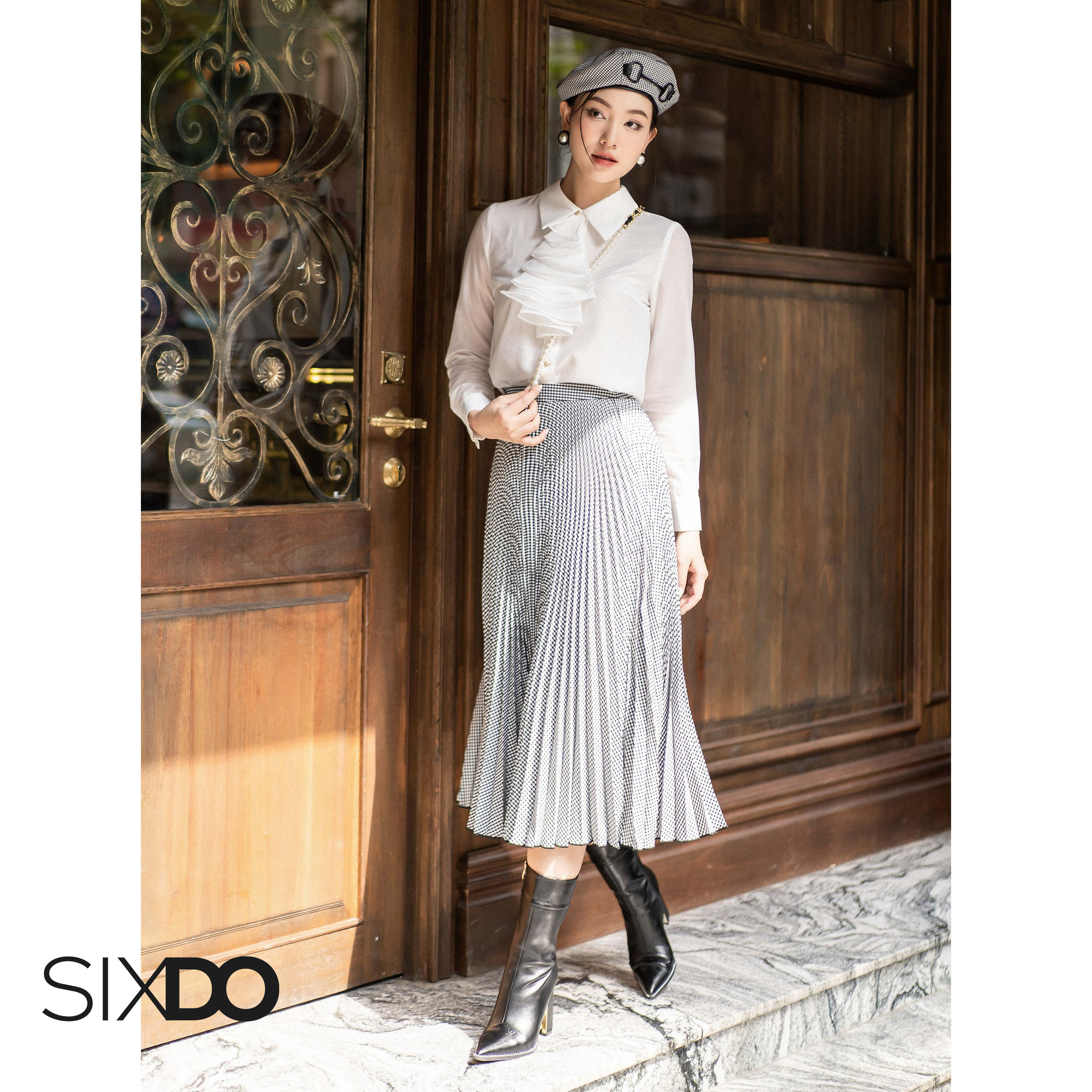 Chân váy xếp ly họa tiết kẻ SIXDO (Black Pleated Midi Woven Skirt)