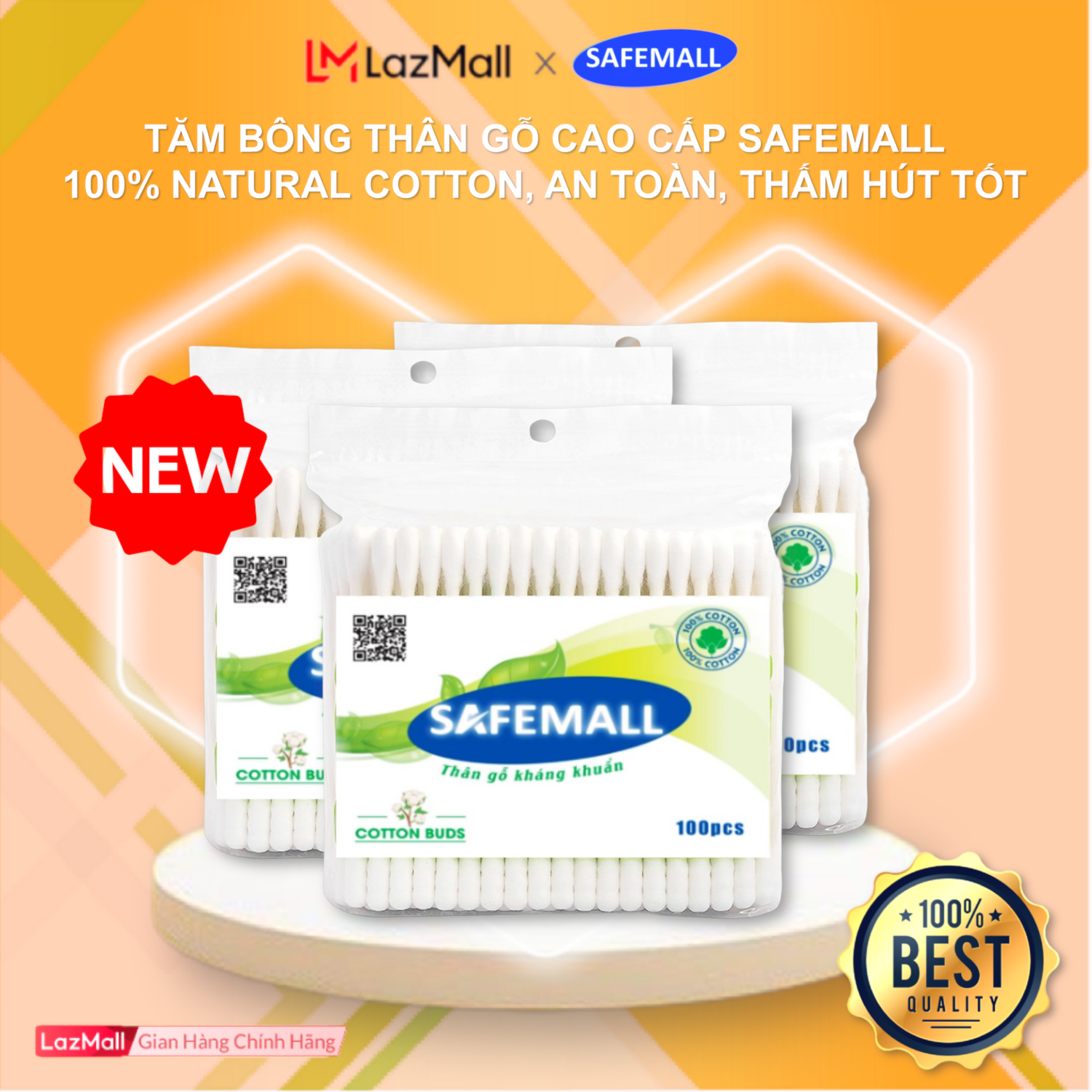 [TOP1 BÁN CHẠY] Tăm Bông Thân Gỗ SAFEMALL cao cấp, Bông Gòn Mềm Mại An Toàn Thân Thiện Môi Trường, Đa công dụng hỗ trợ trang điểm, Vệ Sinh - Hàng Chính Hãng SAFEMALL OFFICIAL