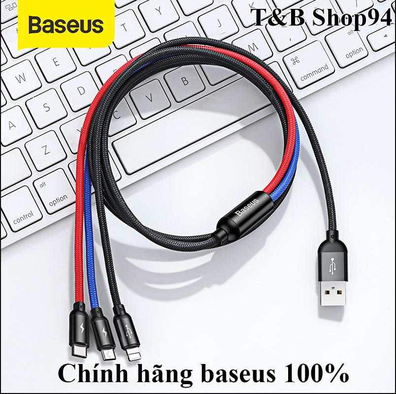 Cáp sạc 3 đầu baseus three primary colors 3-in-1 cable usb for m+l+t 3.5a camlt-bsy for iphone samsung huawei xiao mi vivo - hàng chính hãng