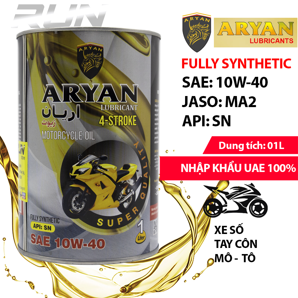 [HCM]Nhớt Tổng Hợp ARYAN 10W40 JASO MA2 1000ml - Dành Cho Xe Số Xe Côn Tay - Hàng Nhập Khẩu UAE 10/2020