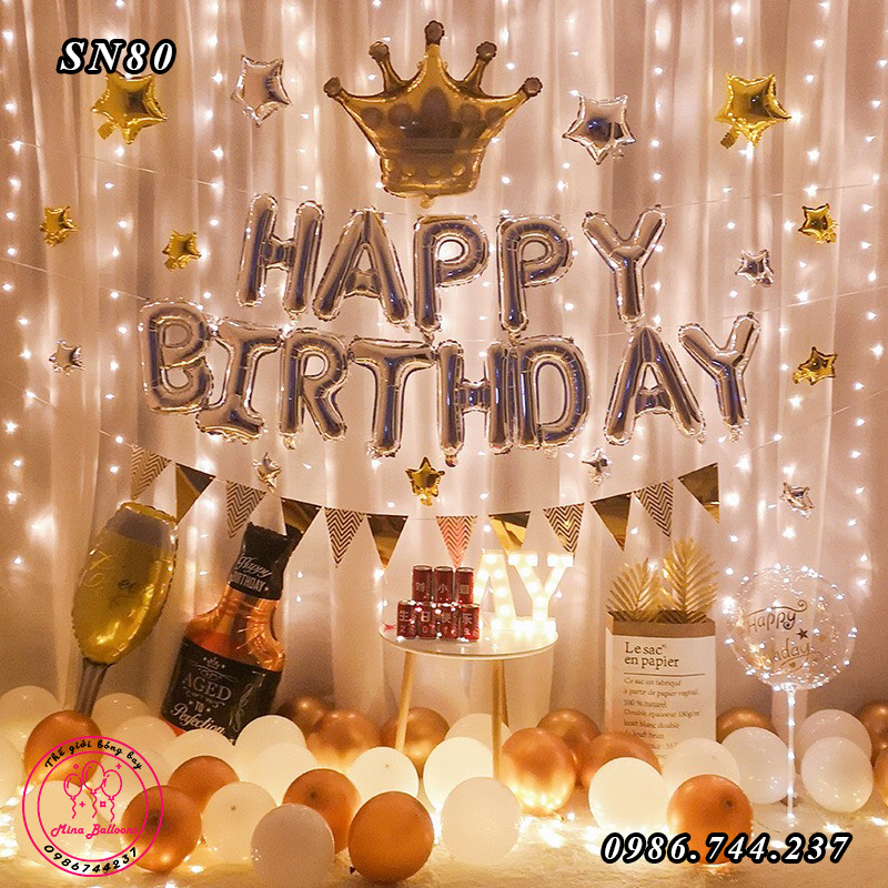 Set Bóng Trang Trí Sinh Nhật Tông Màu Vàng Bạc Kèm Đèn Led