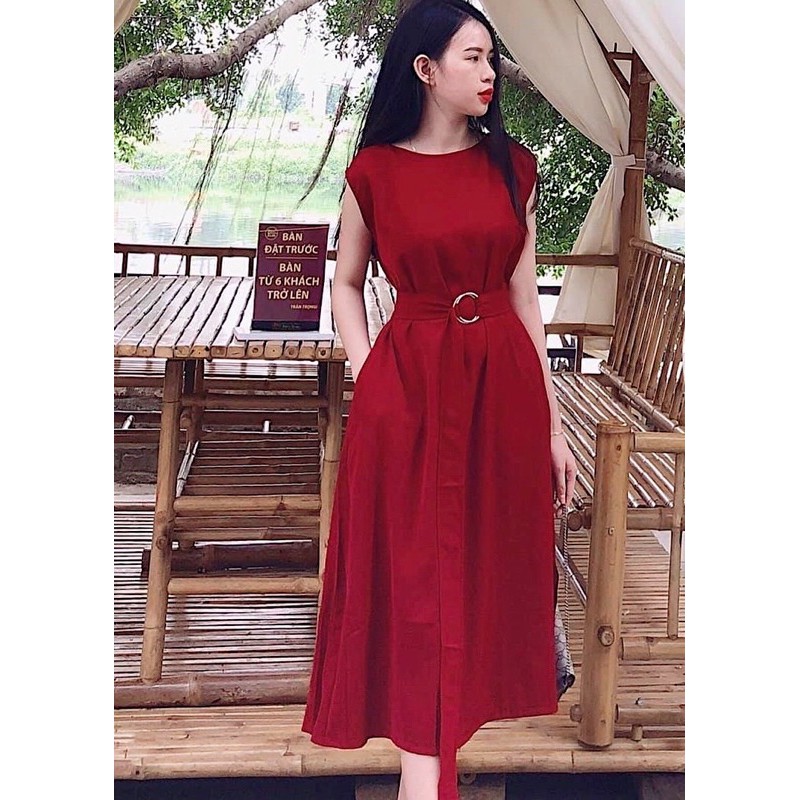 Đầm đỏ suông dài kèm belt ms151