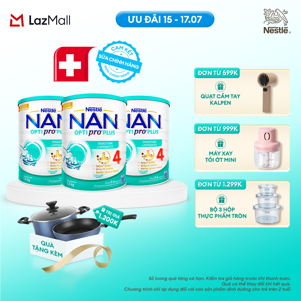 [CHỈ 15-17.07 QT ĐƠN 599K/999K/1299K][Tặng Set Nồi Chảo Elmich] Bộ 3 lon Sữa Bột Nestlé NAN OPTIPRO PLUS 4 1500g Cho Bé 2 - 6 Tuổi: Công Thức Độc Quyền Nhập Khẩu Từ Thụy Sỹ, Chứa Phức Hợp 5-HMO