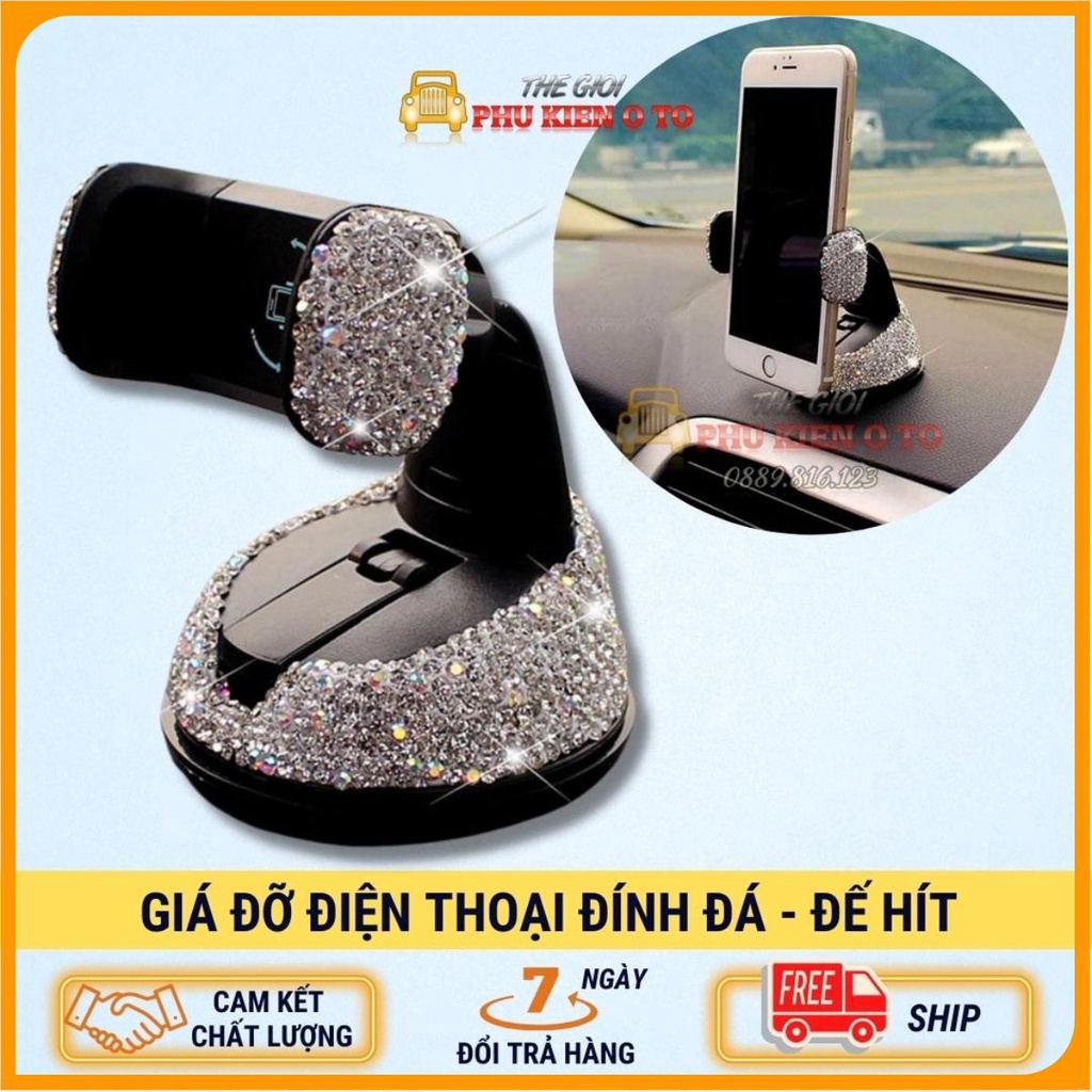 Kẹp Điện Thoại Đính Đá 360 Gắn Taplo, Đế Hít Chân Không Xe Ô Tô - Đính Đá Đẹp