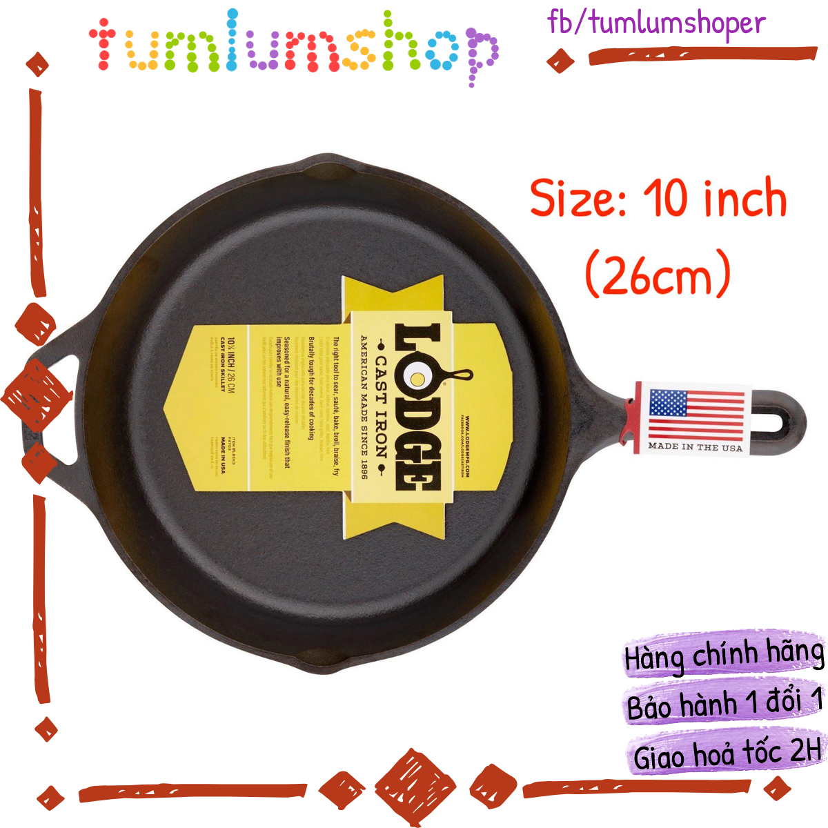 Chảo gang Lodge Pre-Seasoned Skillet, Chảo chống dính, thương hiệu Mỹ.