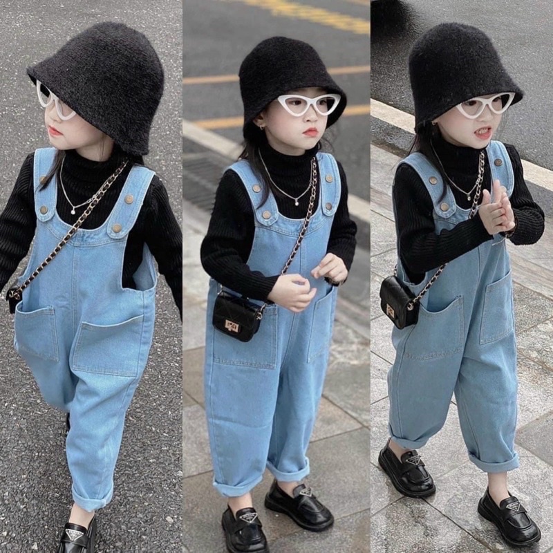 Set yếm bò xanh + áo đen dài tay cho bé gái