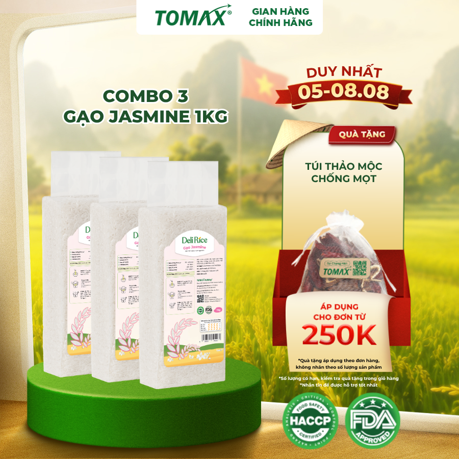 [ĐÃ VỀ HÀNG] Combo 3 túi Gạo Deli Rice Jasmine thơm dẻo mềm 1kg Tomax