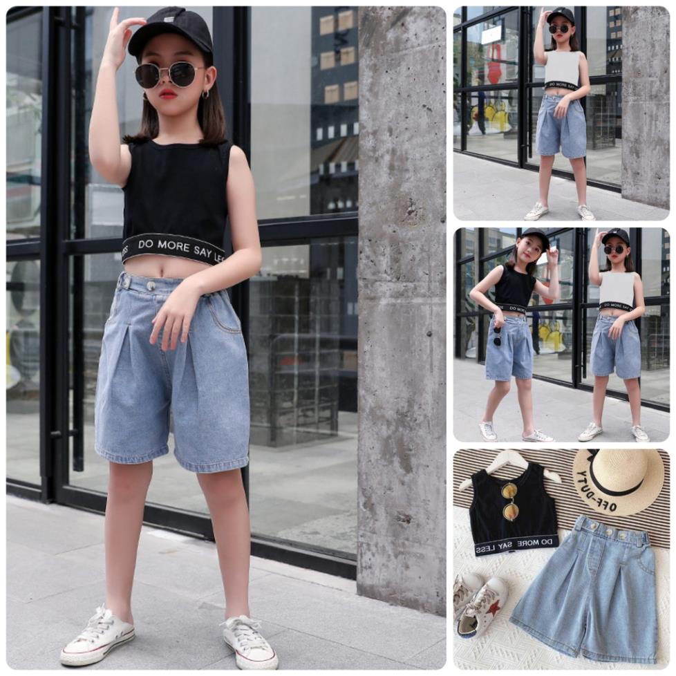 BTG22 Size100-140 set/bộ Áo thun croptop+quần jean chất đẹp Quần áo trẻ Em hàng Quảng Châu